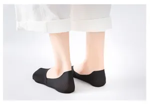 Close-up details of women's black mesh invisible boat socks, breathable summer ice silk.