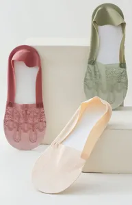 Women summer thin lace invisible boat socks detail, anti-slip design for comfort wear.