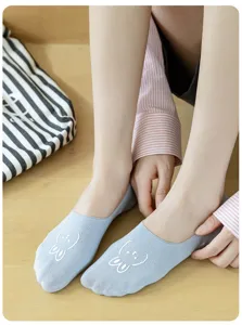 Women summer thin low cut invisible boat socks with cute rabbit print and anti-slip