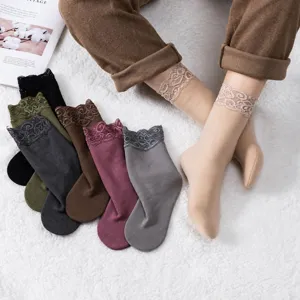 Women's Thermal German Velvet Long Socks Autumn Winter Thickened Fleece Lined Lace Trim Cute Cozy High Stockings