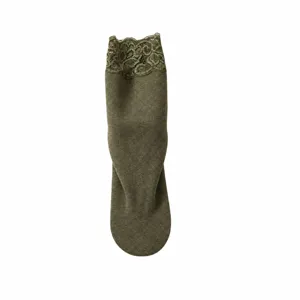 Thermal thick winter women long socks with elegant lace trim, solid army green warm hosiery for cold