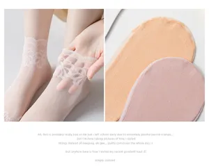 Women sheer lace short socks with floral cuffs and cotton sole for spring summer daily wear