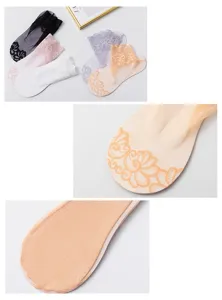 Women lace sheer short socks with cotton sole, delicate floral ruffles, breathable mesh style.