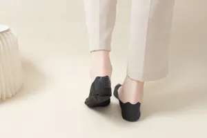 Detail view of women's black invisible boat socks with silicone heel grips for summer wear.