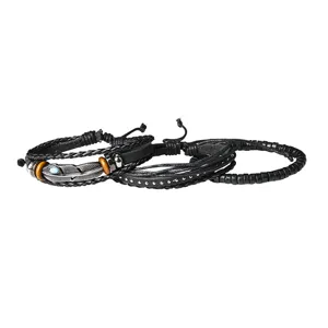 Ensemble de bracelets en cuir noir multicouche pour hommes et femmes avec pendentif plume.