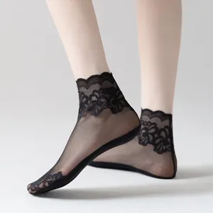 Women black sheer lace short socks mesh floral ruffle thin summer socks cotton sole