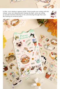 Detailed view of cute cat and flower PET stickers for hand account decoration