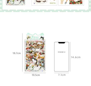 Size comparison showing 18.7cm cat and flower PET sticker pack next to iPhone 12