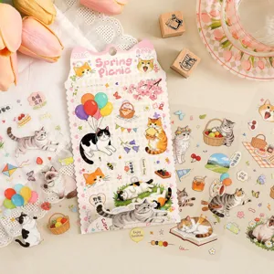 Cute cat theme PET stickers for journaling and DIY crafts with spring picnic motifs