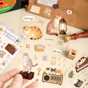 Vintage cat PET sticker sheet with retro radio and lantern illustrations for scrapbooking