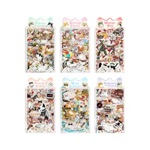 Set of 6 cute cat themed PET sticker sheets for scrapbooking and decoration