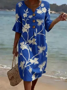 Blue floral embroidered V-neck linen cotton casual dress with wooden buttons for summer.
