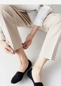 Close-up detail of men's black ice silk invisible boat socks, featuring a shallow cut design.