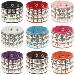 Pulsera de Cuero con Remaches Punk Apilable Multihilera Tachuelas Piramidales de Metal Joyería de Moda