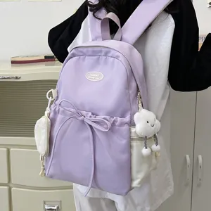 Women Casual Nylon Backpack Large Capacity School Bookbag Solid Color Travel Daypack