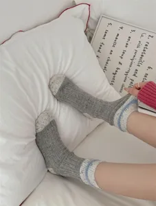 Thick knit flecked yarn women socks, cozy mink fleece winter crew socks with contrast stripe cuff.