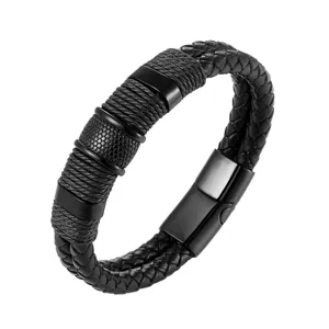Herren doppelter geflochtener Leder Edelstahl Armband stilvolles schwarzes Armband Detail