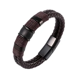 Herren mehrschichtiges geflochtenes Lederarmband mit schwarzem Edelstahlverschluss stilvolles Armband