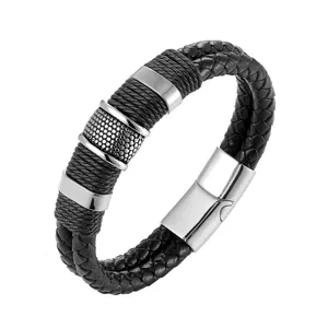 Herren mehrschichtig geflochtenes Leder Edelstahl Armband Detailansicht, stilvoller Schmuck.