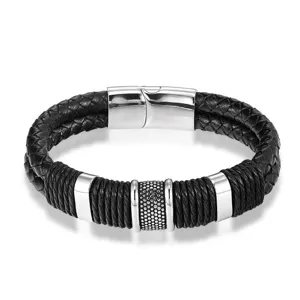 Herren Edelstahl geflochtene Lederarmband mehrschichtig Armschmuck Geschenk neues