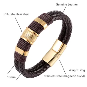 Detailansicht des geflochtenen Herrenarmbands aus Leder und Edelstahl mit Magnetverschluss.