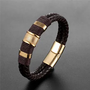 Herren doppellagiges geflochtenes Leder Edelstahl Armband Gold Akzent Modeschmuck Geschenk