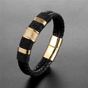 Herren Doppelt Geflochtenes Leder Edelstahl Armband Vintage Geometrisches Mehrschichtiges Armband Geschenk
