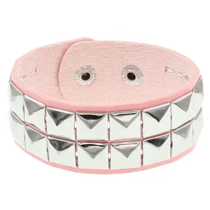 Pulsera punk de cuero rosa doble fila remaches cuadrados de metal brazalete gotico joyas