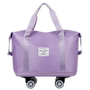 Borsone da viaggio estensibile viola con ruote universali grande capacità borsa portaoggetti fitness.