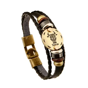 Pulsera hombre de cuero trenzado vintage zodiaco tauro constelación joyería