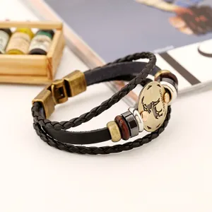Pulsera de cuero trenzado multicapa retro para hombre con dije del zodiaco y cuentas madera