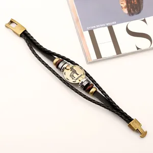 Pulsera de cuero trenzado multicapa vintage con colgante del zodiaco Capricornio