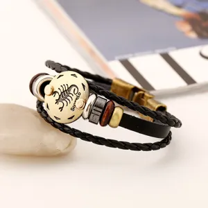 Pulsera de hombre vintage de cuero multicapa trenzado signo zodiacal Escorpio retro.