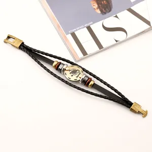 Pulsera de cuero trenzado con signo zodiacal Escorpio vintage retro para hombre.