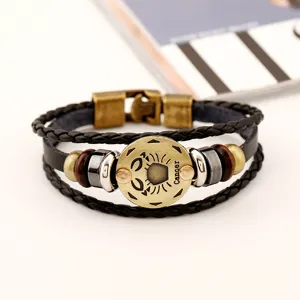 Pulsera de cuero trenzado multicapa vintage para hombre con el dije zodiaco Cáncer
