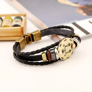 Pulsera de cuero trenzado retro para hombre con dije del zodiaco y cuentas para uso diario.