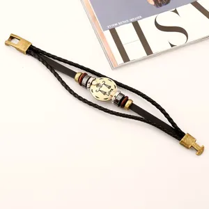 Pulsera de cuero trenzado vintage con dije de signo del zodiaco Libra y cuentas retro.