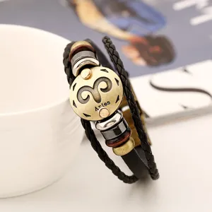 Pulsera de cuero trenzado multicapa retro para hombre con dije de metal del zodiaco aries