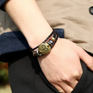 Brazalete de cuero trenzado multicapa vintage con dije de zodiaco Aries para hombre.