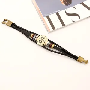 Pulsera de cuero trenzado vintage para hombre zodiaco Aries joya de moda estilo