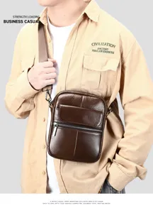 Borsa a tracolla da uomo in pelle marrone rétro, borsa casual per il telefono per il commuting.