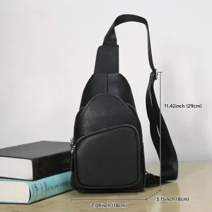 Black leather sling bag stylish chest bag for men and women casual crossbody backpack.