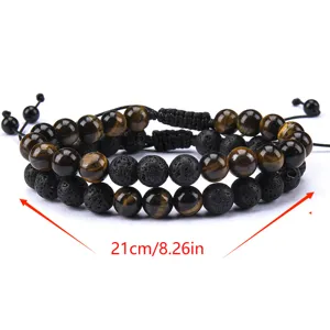 Pulsera Ajustable Trenzada con Cuentas de Piedra Natural Ojo de Tigre y Roca Volcánica Joyería de Moda