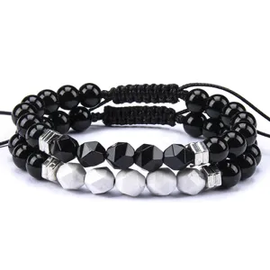 Conjunto de pulseras de pareja hechas a mano ajustables con cuentas de piedra natural.