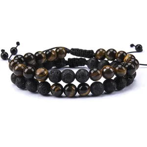 Pulsera de pareja trenzada de ojo de tigre natural y piedra de lava ajustable principal