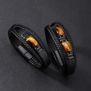 Men's multi-layer braided leather bracelet with tiger eye stone and magnetic clasp stylish jewelry