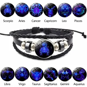 Brazalete de cuero del zodiaco vintage para parejas y estudiantes con cuerda trenzada y vidrio.