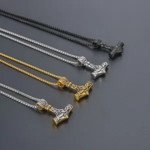 Retro Stainless Steel Viking Thor's Hammer Pendant Necklace Men Vintage Carved Mjolnir Amulet Fashion Jewelry Gift
