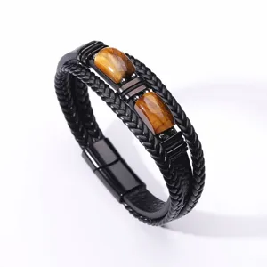Men's multi-layer braided leather bracelet featuring natural tiger eye stones and magnetic clasp.