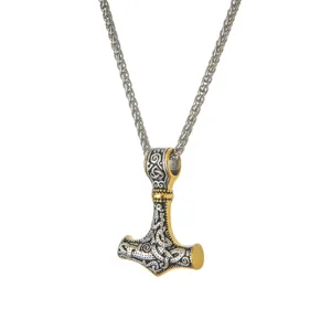 Retro Viking Thor's Hammer stainless steel pendant necklace with detailed Nordic engravings.